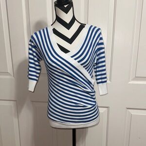 Paisie Blue and White Striped Faux Wrap Sweater